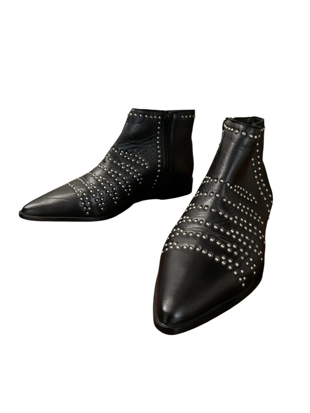 ICHI Women’s Black Studded Point Toe Leather Ankle Boots Size 38 EU 7.5 US Zip